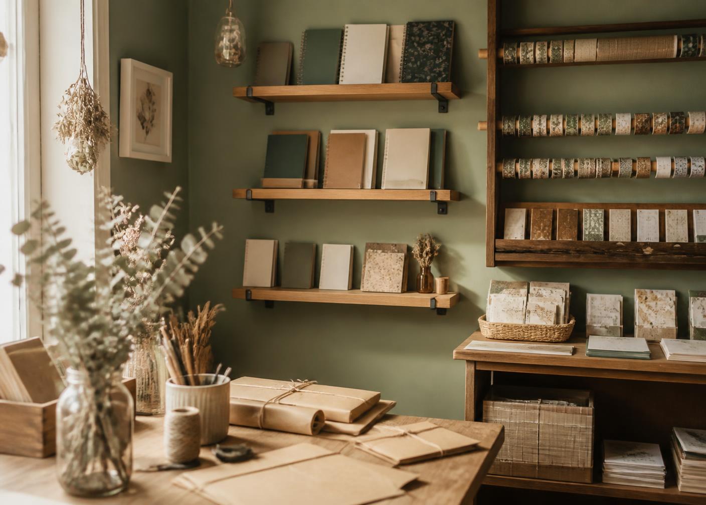 Interior de la tienda con estantes de cuadernos, rollos de washi tape y paquetes en papel kraft